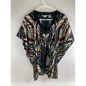 Capacity Unlimited Shirt Women's Size Medium Black Tan Geometric Silky V-Neck